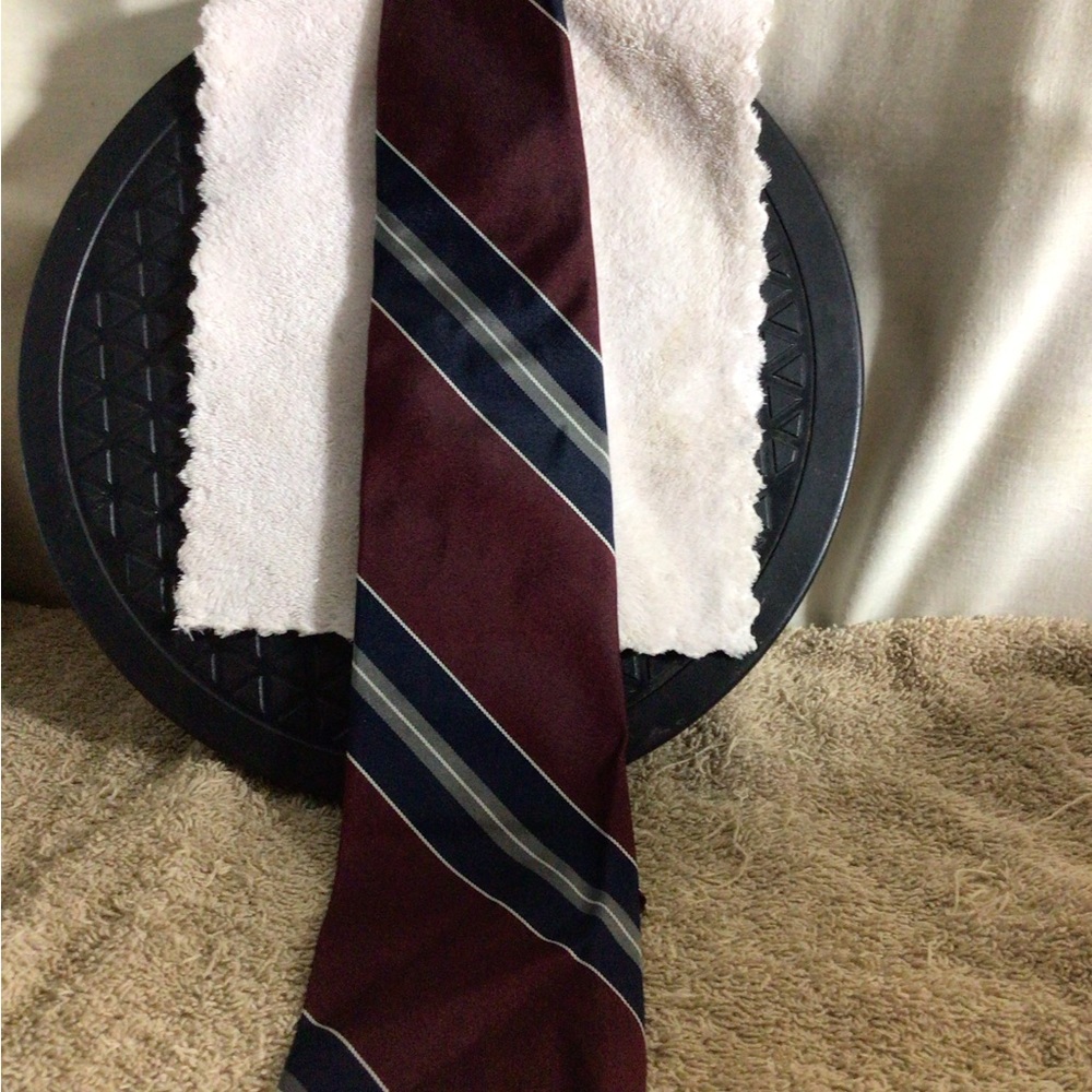 Roots Burgundy Tie with Navy and Silver Stripes
